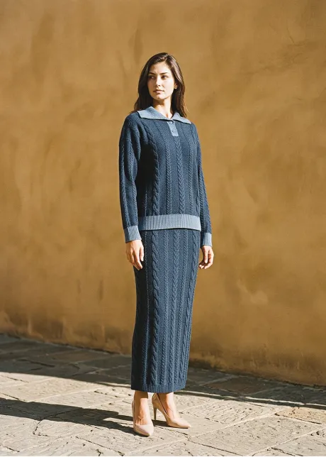 Navy Cable Knit Polo and Skirt Set