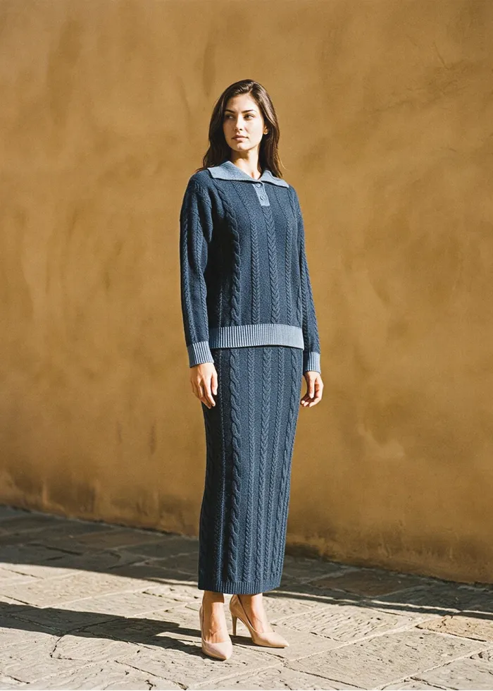 Navy Cable Knit Polo and Skirt Set