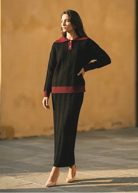 Black Cable Knit Polo and Skirt Set