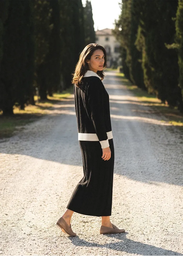Black Cable Knit Polo and Skirt Set