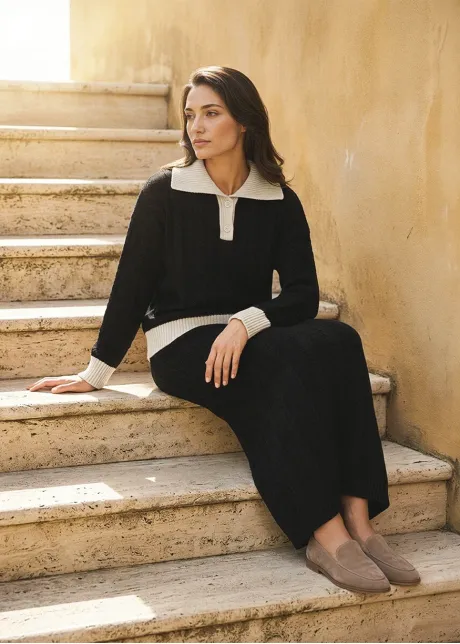 Black Cable Knit Polo and Skirt Set