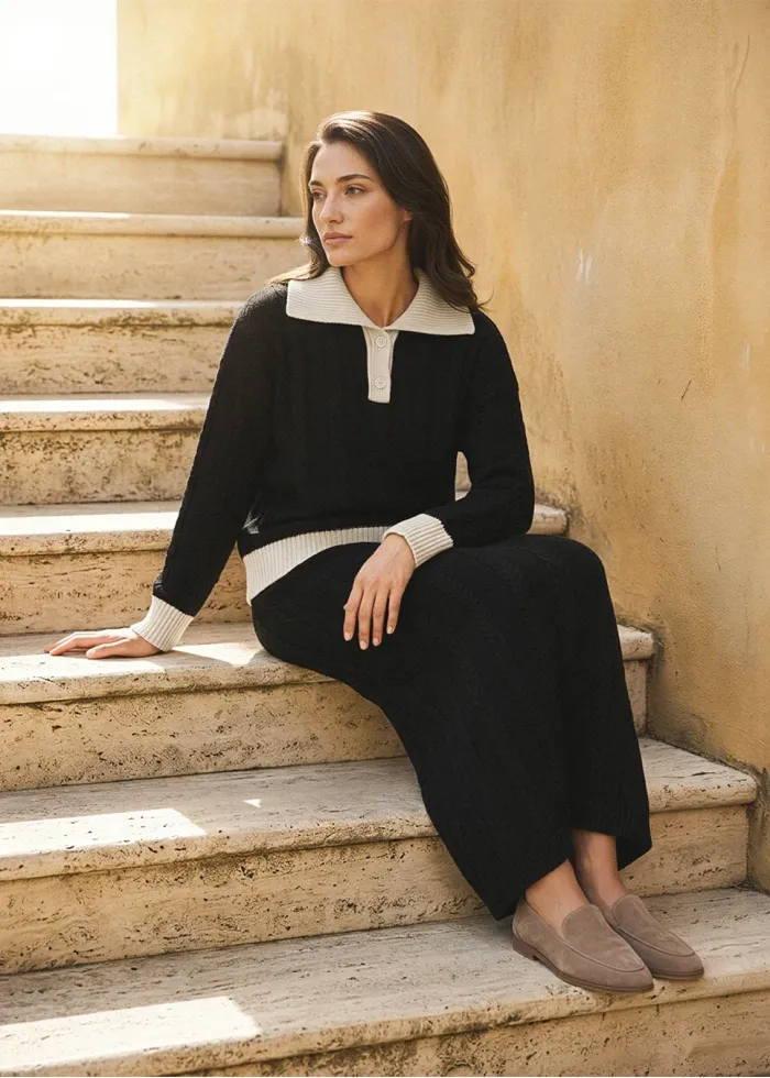Black Cable Knit Polo and Skirt Set