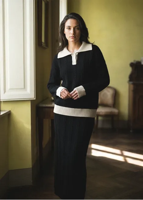 Black Cable Knit Polo and Skirt Set