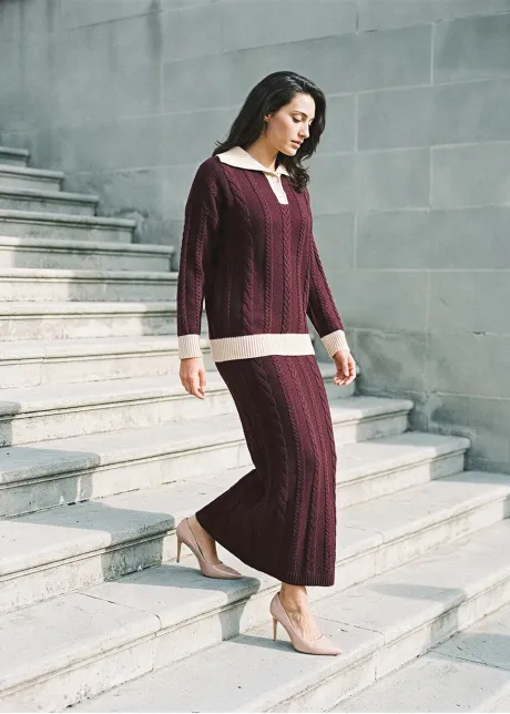 Burgundy Cable Knit Polo and Skirt Set
