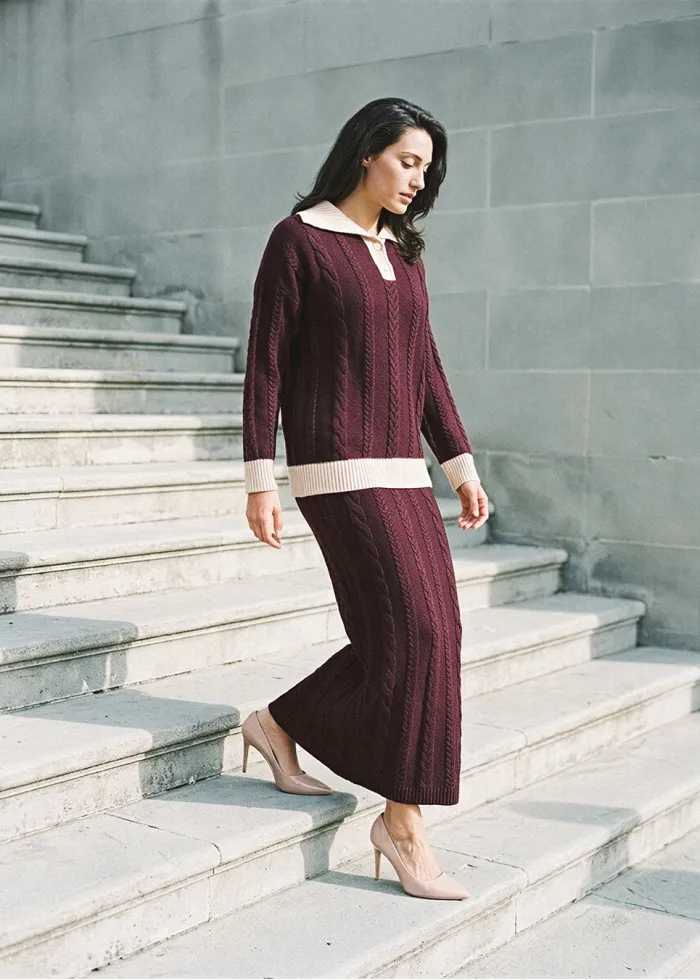 Burgundy Cable Knit Polo and Skirt Set