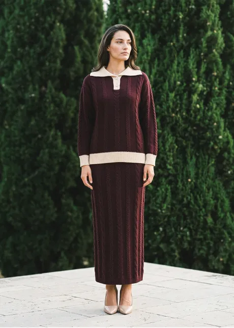 Burgundy Cable Knit Polo and Skirt Set