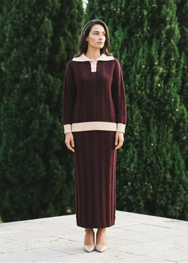 Burgundy Cable Knit Polo and Skirt Set