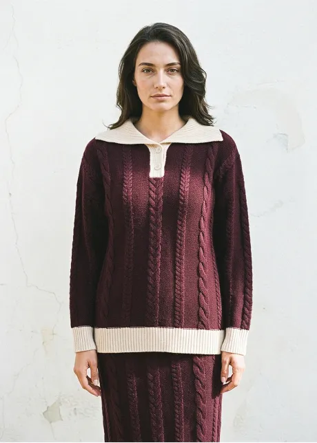 Burgundy Cable Knit Polo and Skirt Set