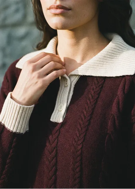 Burgundy Cable Knit Polo and Skirt Set
