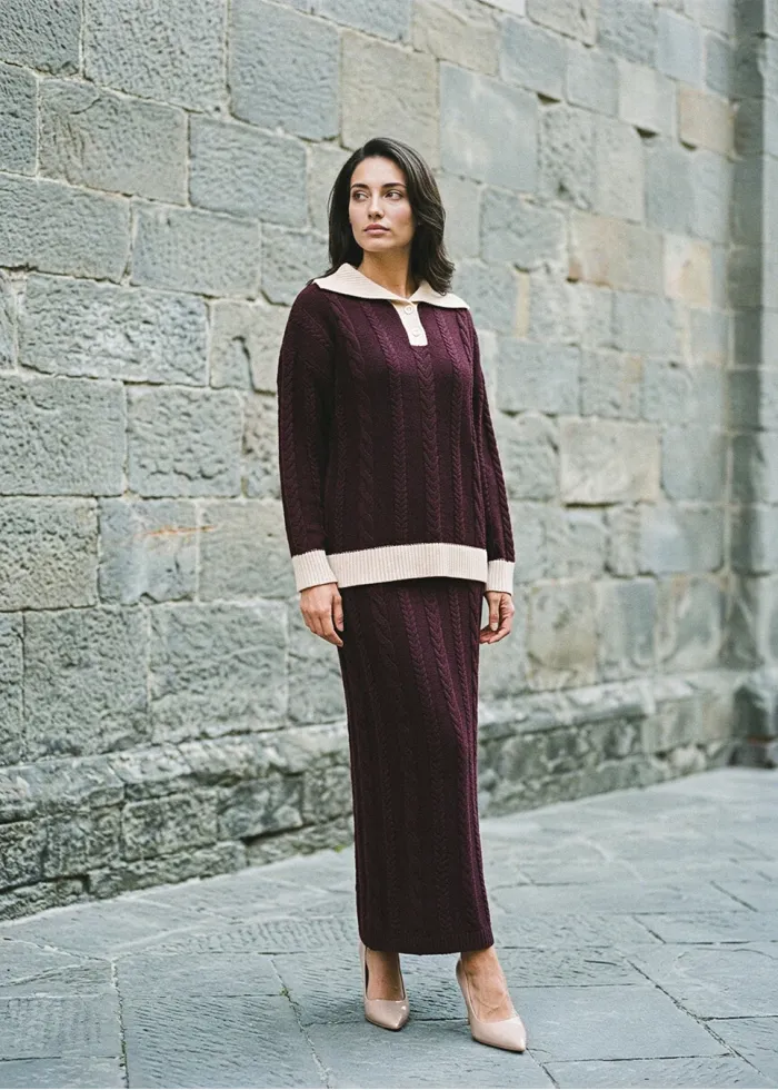 Burgundy Cable Knit Polo and Skirt Set