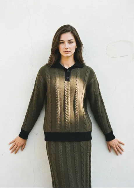 Olive Cable Knit Polo and Skirt Set