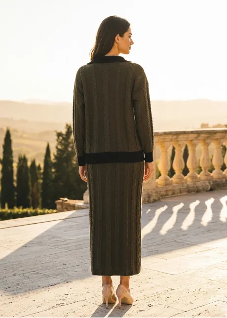 Olive Cable Knit Polo and Skirt Set
