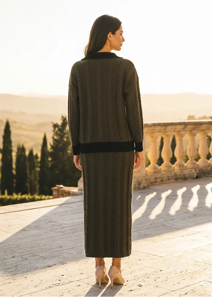 Olive Cable Knit Polo and Skirt Set