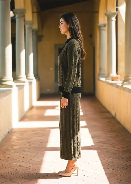 Olive Cable Knit Polo and Skirt Set