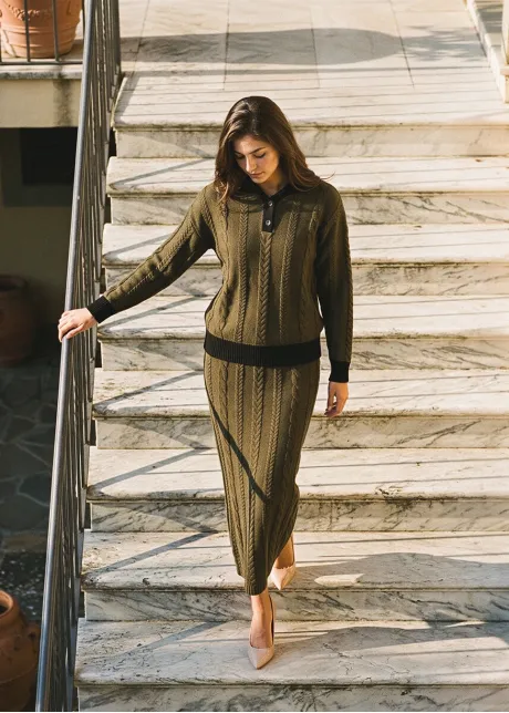 Olive Cable Knit Polo and Skirt Set