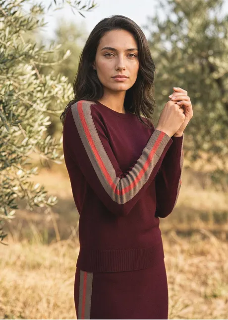 Burgundy Side Stripe Sweater and Skirt Set