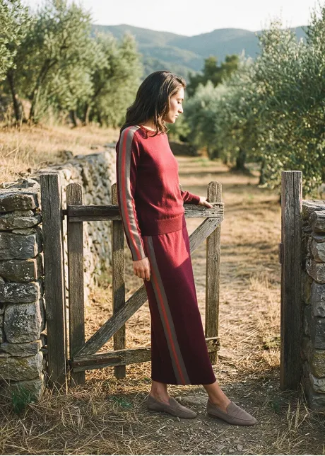 Burgundy Side Stripe Sweater and Skirt Set