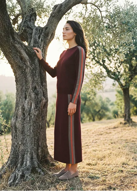 Burgundy Side Stripe Sweater and Skirt Set
