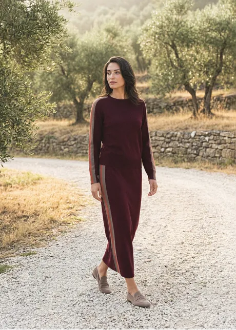 Burgundy Side Stripe Sweater and Skirt Set