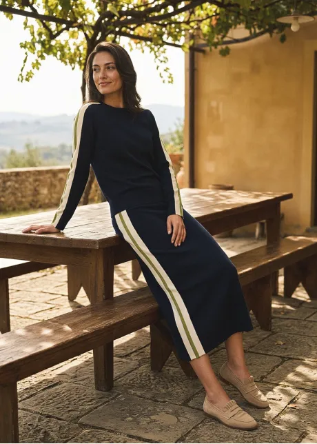 Navy Side Stripe Sweater and Skirt Set