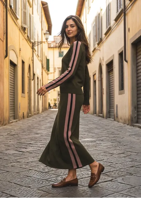 Olive Side Stripe Sweater and Skirt Set