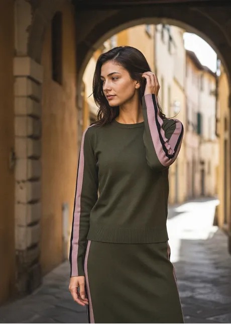 Olive Side Stripe Sweater and Skirt Set