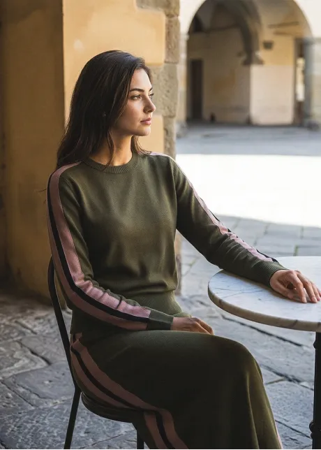 Olive Side Stripe Sweater and Skirt Set