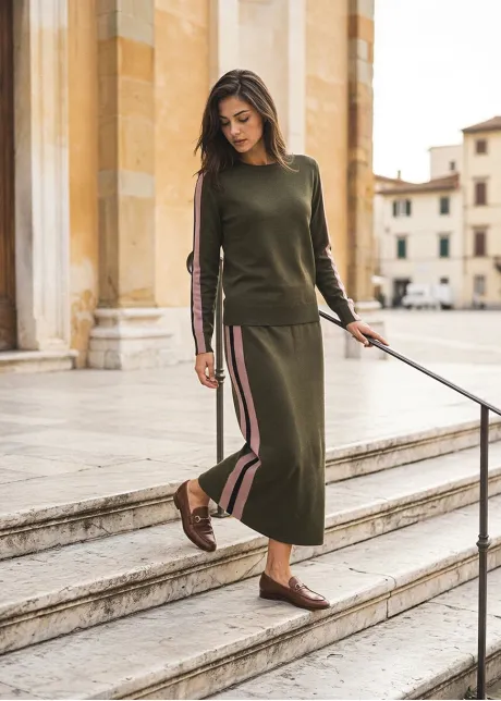 Olive Side Stripe Sweater and Skirt Set