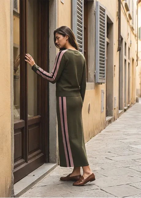 Olive Side Stripe Sweater and Skirt Set