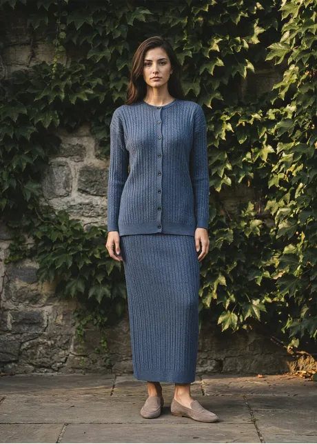 Blue Cable Knit Cardigan and Skirt Set