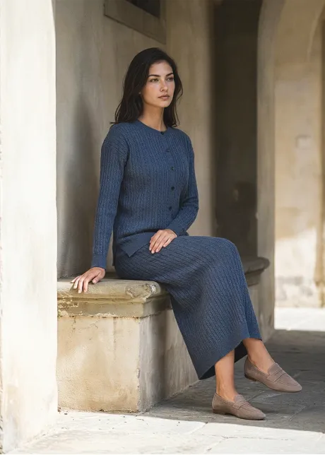 Blue Cable Knit Cardigan and Skirt Set