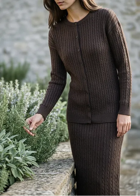 Chocolate Brown Cable Knit Cardigan and Skirt Set