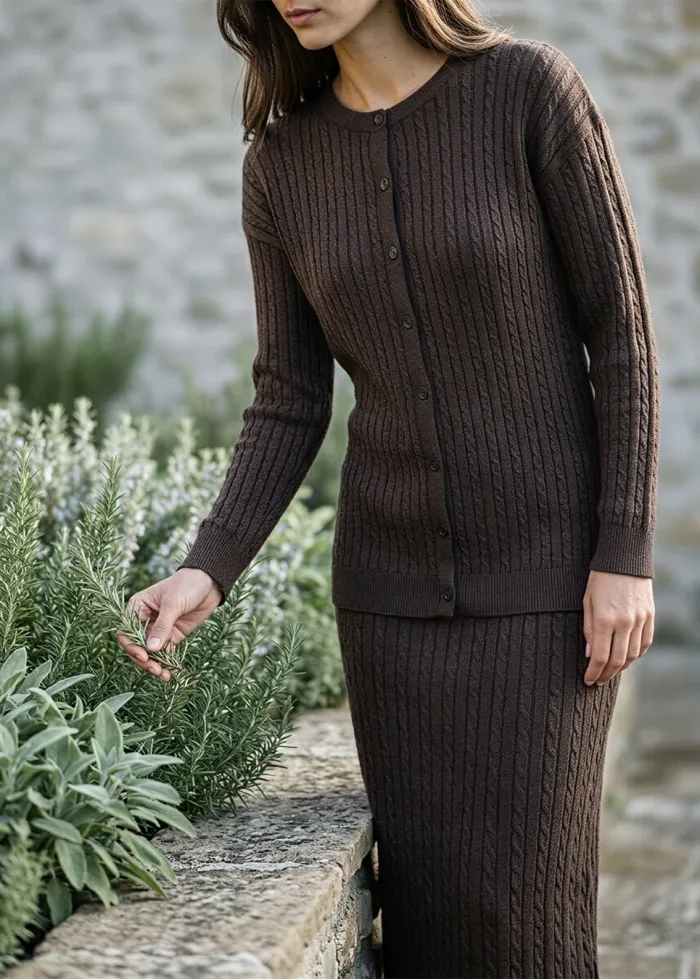 Chocolate Brown Cable Knit Cardigan and Skirt Set