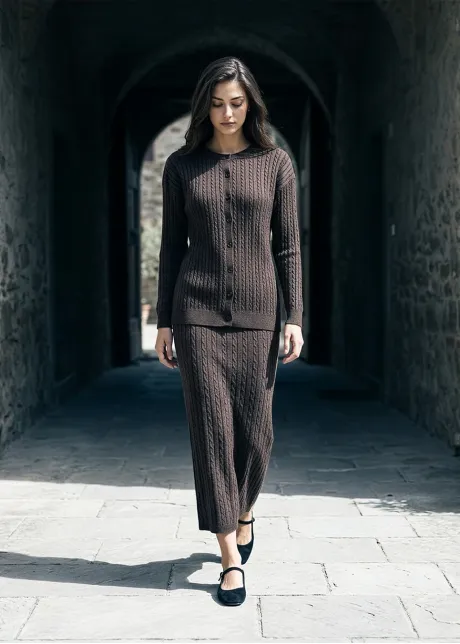 Chocolate Brown Cable Knit Cardigan and Skirt Set