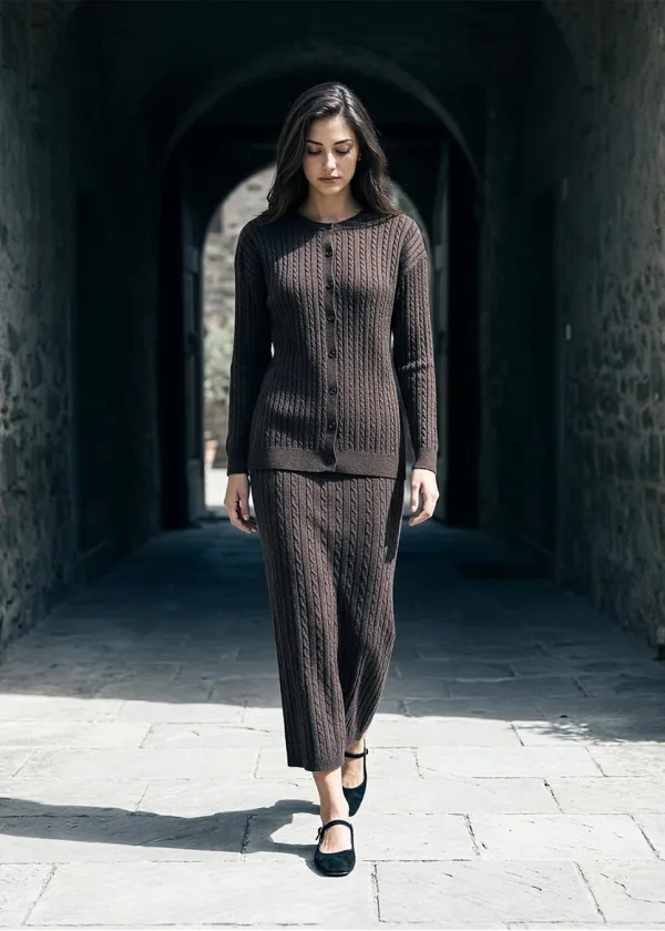 Chocolate Brown Cable Knit Cardigan and Skirt Set