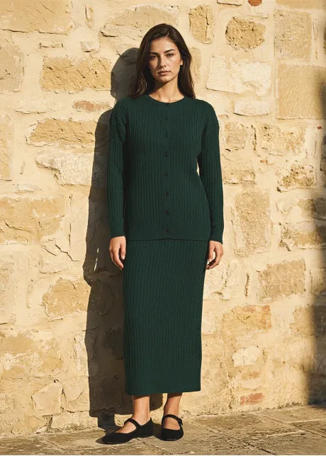 Forest Green Cable Knit Cardigan and Skirt Set