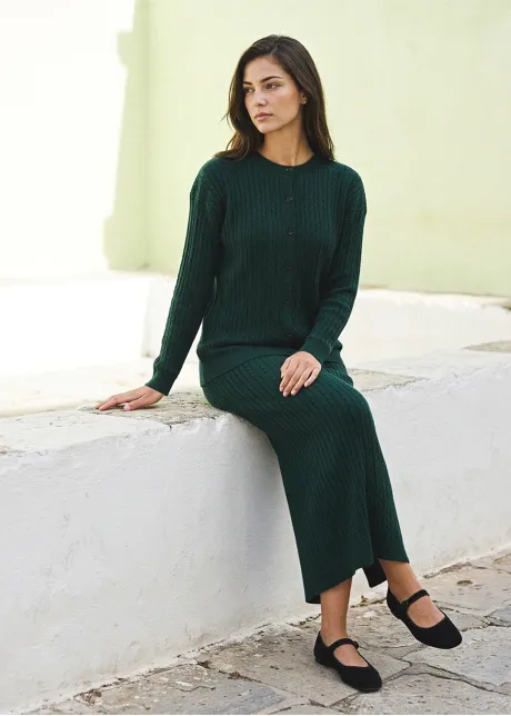 Forest Green Cable Knit Cardigan and Skirt Set