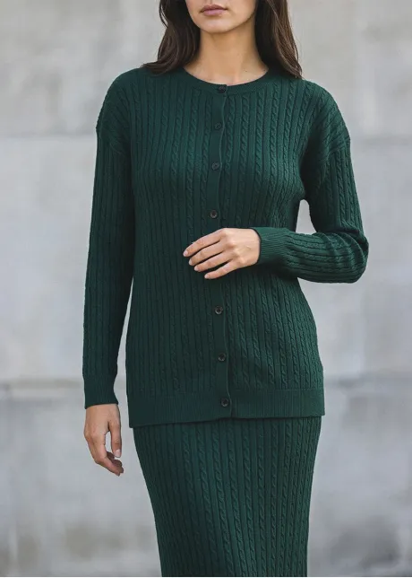 Forest Green Cable Knit Cardigan and Skirt Set