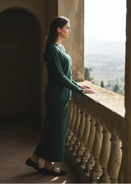 Forest Green Cable Knit Cardigan and Skirt Set