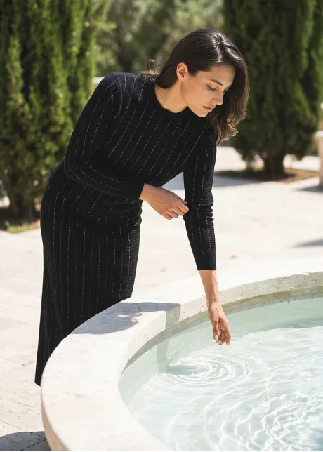 Black Textured Knit Sweater and Skirt Set