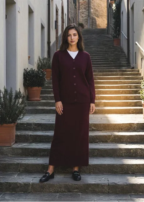 Burgundy Knit Cardigan and Skirt Set