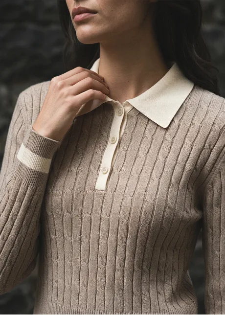 Beige Cable Knit Polo and Skirt Set