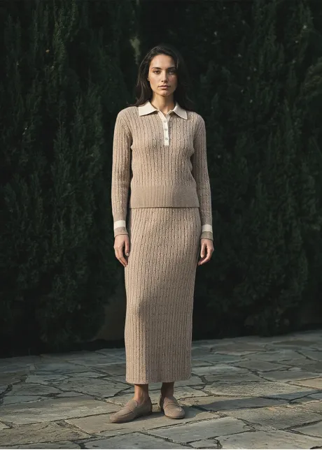 Beige Cable Knit Polo and Skirt Set