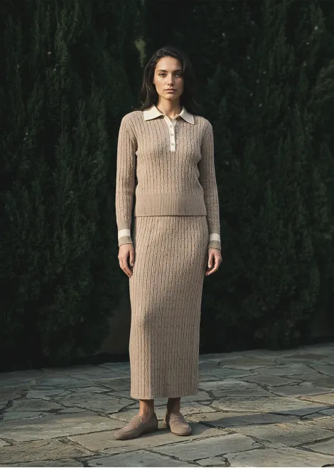 Beige Cable Knit Polo and Skirt Set