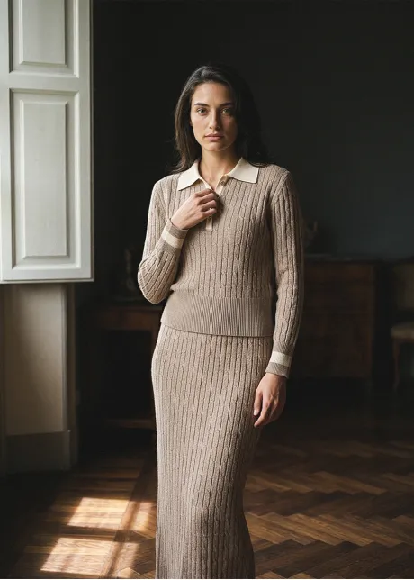 Beige Cable Knit Polo and Skirt Set