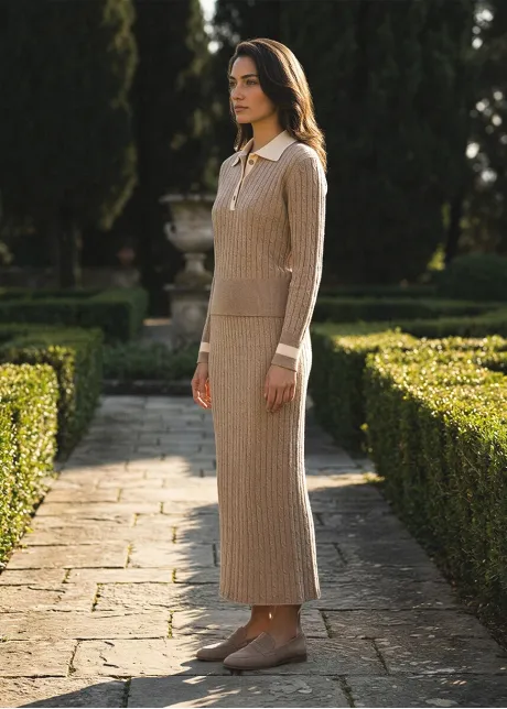 Beige Cable Knit Polo and Skirt Set