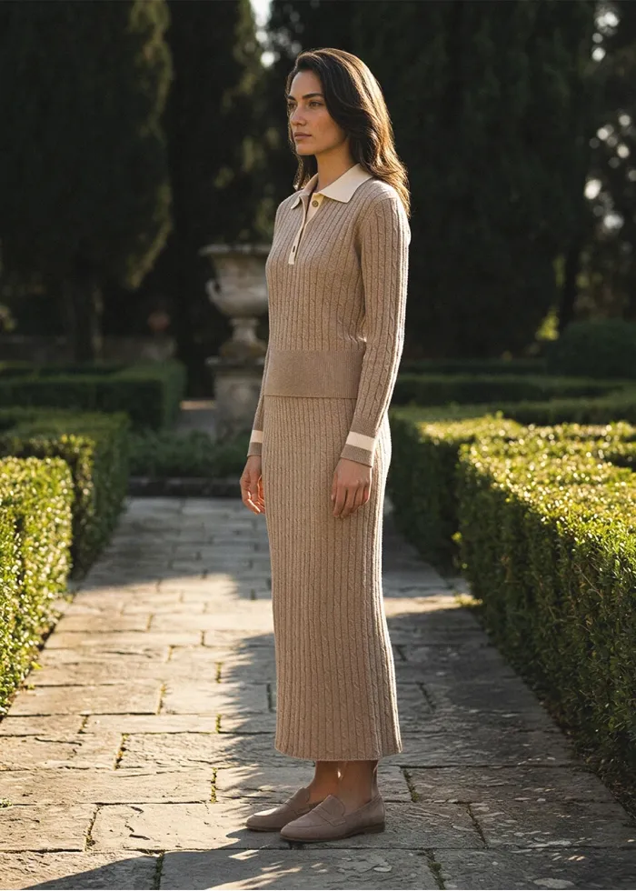 Beige Cable Knit Polo and Skirt Set