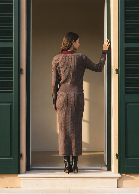 Brown Cable Knit Polo and Skirt Set