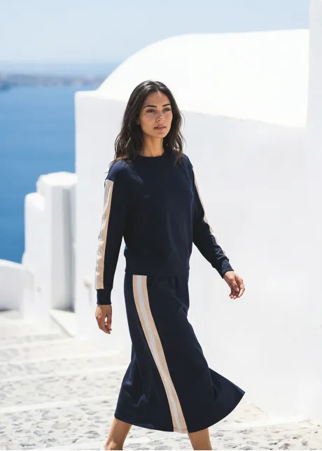 Navy Stripe Panel Sweatshirt and Midi Skirt Set