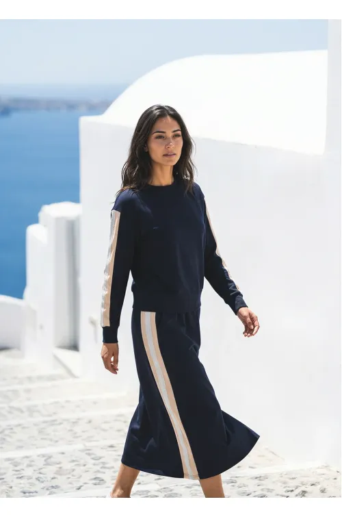Navy Stripe Panel Sweatshirt and Midi Skirt Set